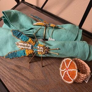 World Market Set of 2 Beaded Damselfly Napkin Rings, 1 Citrus Napkin Ring, 2 Nap